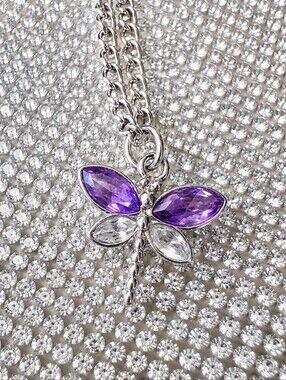 NWT Handmade Purple Crystal Dragonfly Necklace Silver Chain Charm Pendant Sz 21"